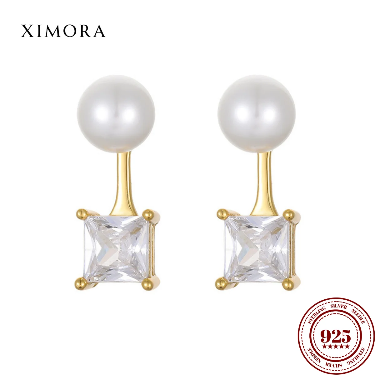 

XIMORA S925 Sterling Silver Back-Hook Pearl Zirconia Stud Earrings for Women Two Wear Styles for Separate Mix-and-Match