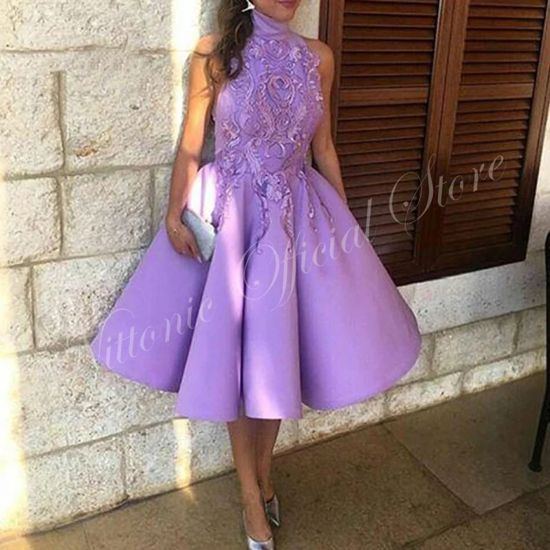 Lavendel Cocktail Heimkehr Kleider Applikationen High Neck ärmellose knielange Ballkleid Abschluss ball Party Vestidos de Graduación 2023