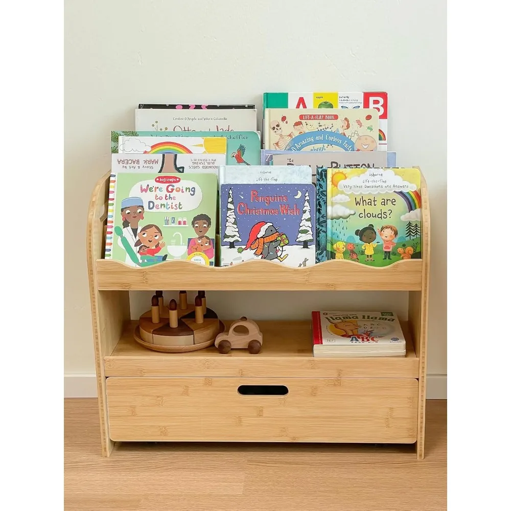 

Kids Bookshelf 3-Tier with Drawer, Scalloped Front Facing Montessori Book Shelf and Toy Storage for Toddler Kids Rooms
