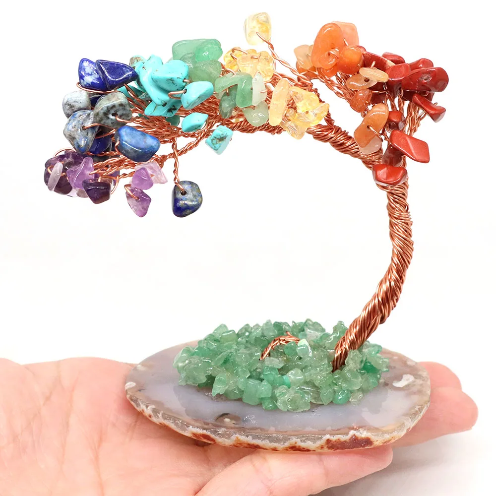 الطبيعية 7 شقرا كريستال شجرة المال الأسلاك النحاسية ملفوفة العقيق شريحة قاعدة أحجار استشفاء اليوغا فنغ شوي أشجار الحياة ديكور المنزل