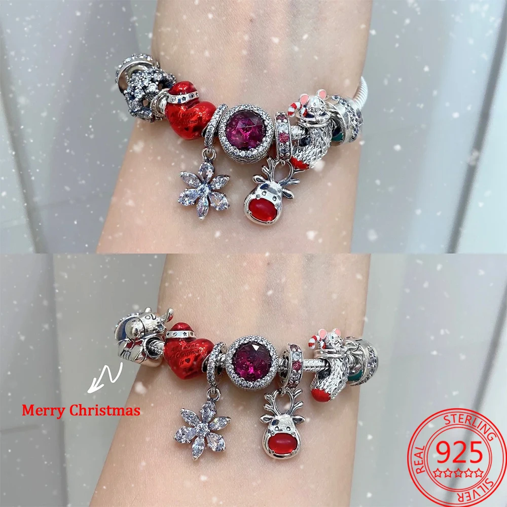 トナカイ-クリスマスジュエリー,オリジナルの車と木,チャーム,ハートビーズ,パンドラブレスレット,DIY s925シルバー,クリスマスプレゼント