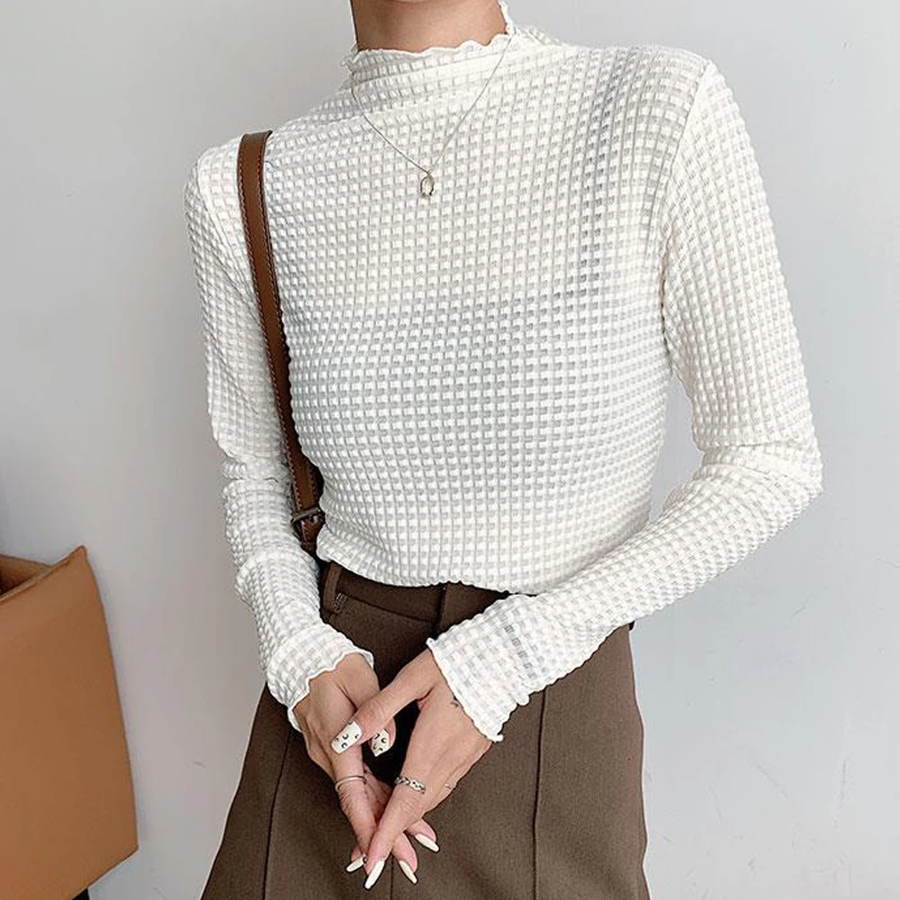 

New Plaid Folds Of Bubbles T Shirt Women Black Green White Apricot High Neck Elastic Lace Shirts M-2XL Long Sleev Tops Clothes