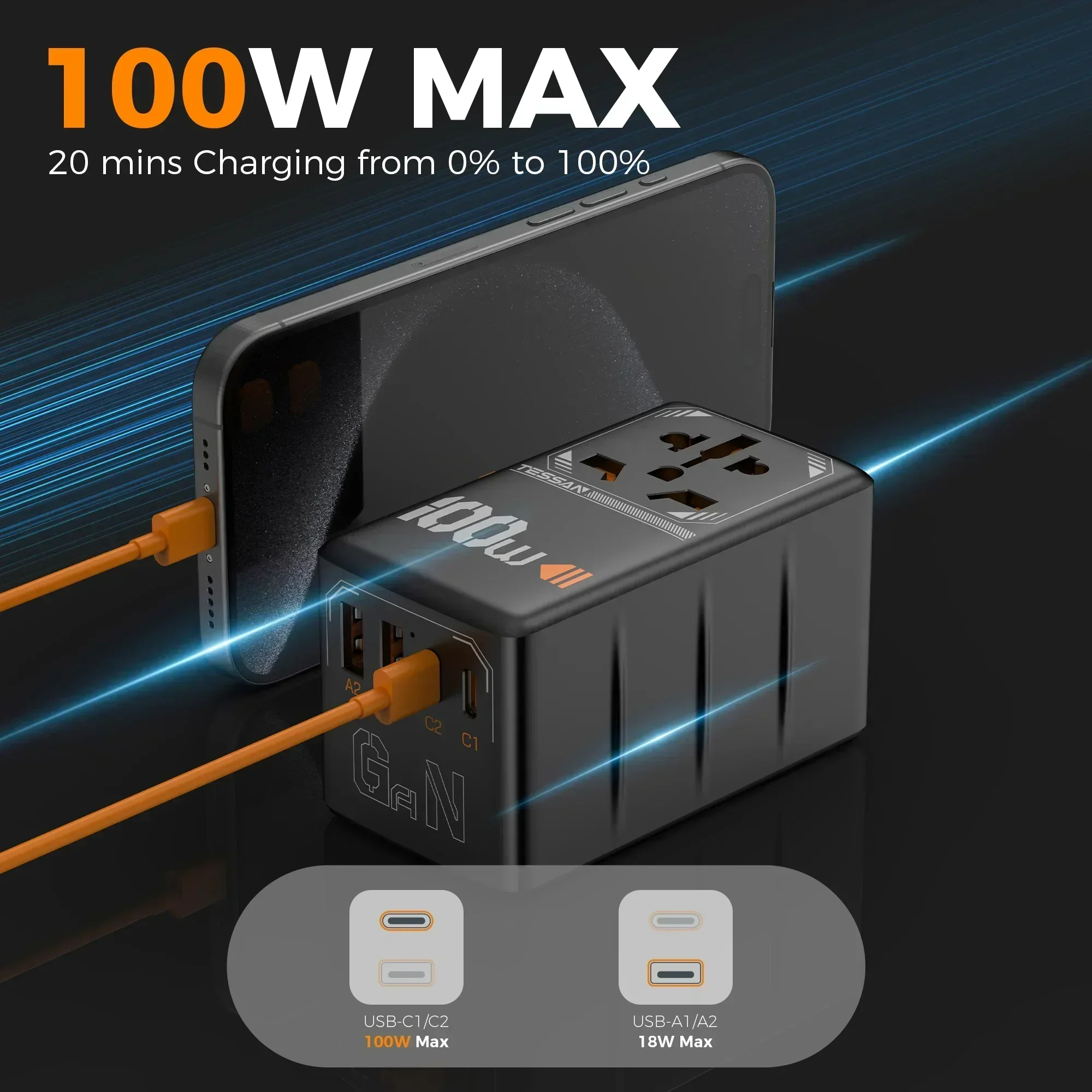 TESSAN 100W GaN Universal Travel Adapter with USB &Type C Fast Charging International Plug Adapter EU/UK/USA/AUS Plug for Travel