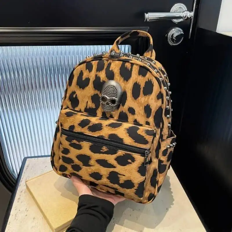 Haruku Leopard Gothic Skull Rivet Mini Backpack Design Women Casual Travel Bags Sweet Cool Y2k Aesthetic Punk Schoolbag