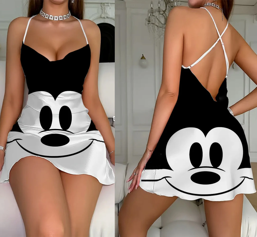 

Women Disney Mickey cartoon new elegant lettuce edge short pajamas dress print sexy backless dress 2024 women home wear