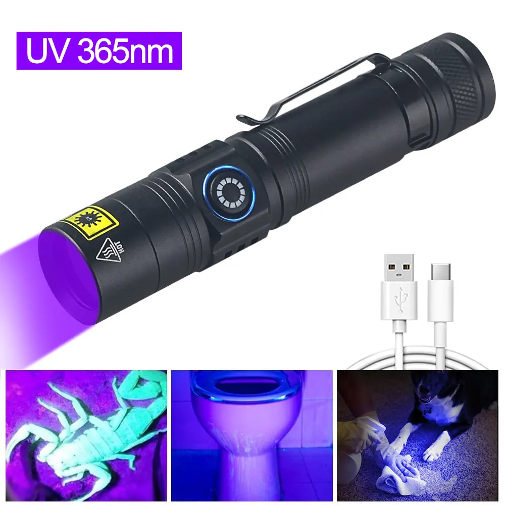 

365nm UV LED Flashlight Ultraviolet Torch USB Rechargeable Purple Light Pet Urine Stains Detector Scorpion