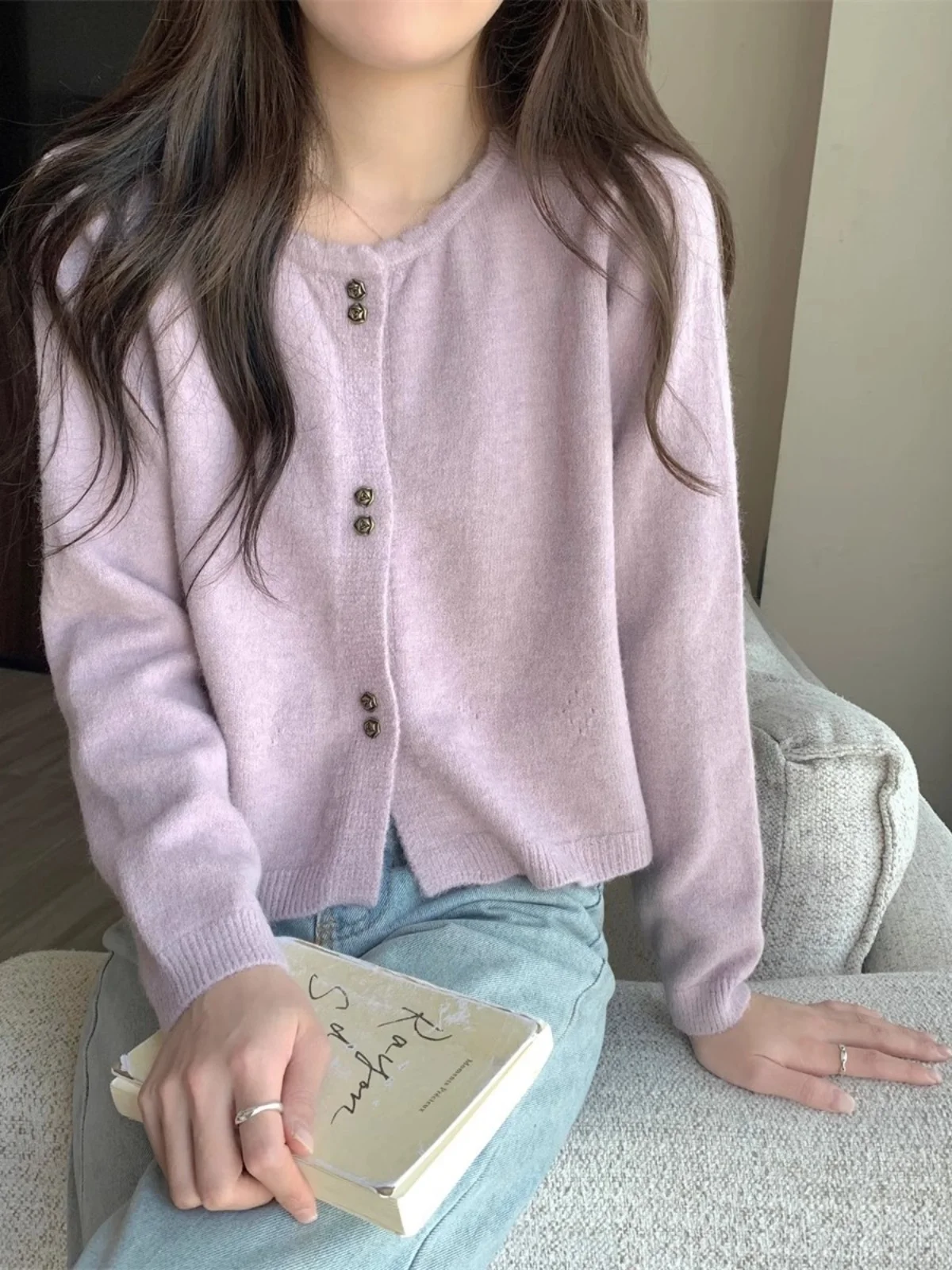 

Sweet Short Hollowed Out Sweater Chic Buttons Long Sleeved Knitted Cardigan Korean Series Round Neck Loose Top