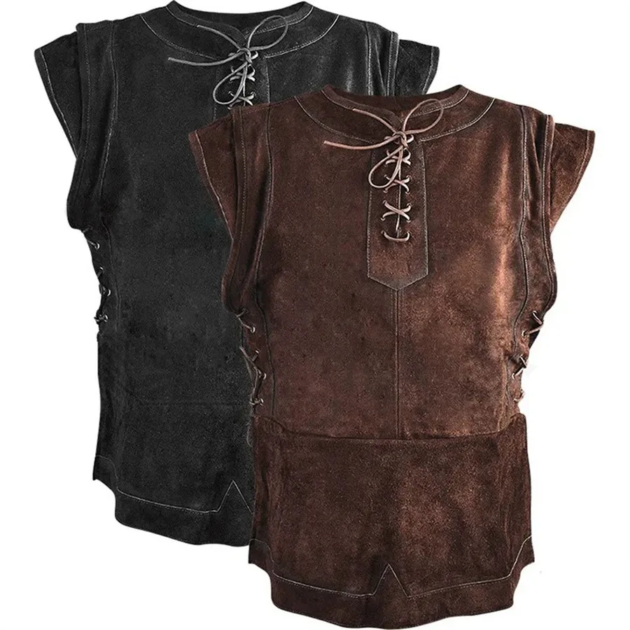 

2026 New Gothic Steampunk Men Vests Male Sleeveless Jacket Lace-up Waistcoat Casual Loose O-neck Vest Male Coat