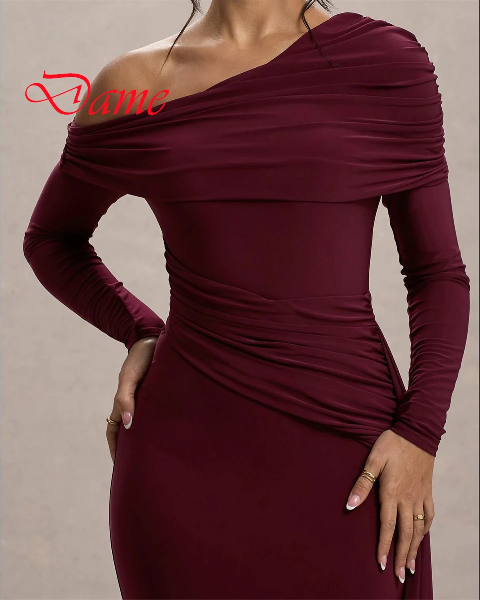 Customized Exquisite Burgundy Jersey Evening Dress Classic Strapless Off the Shoulder Long Sleeves  Mermaid Cocktail Dress