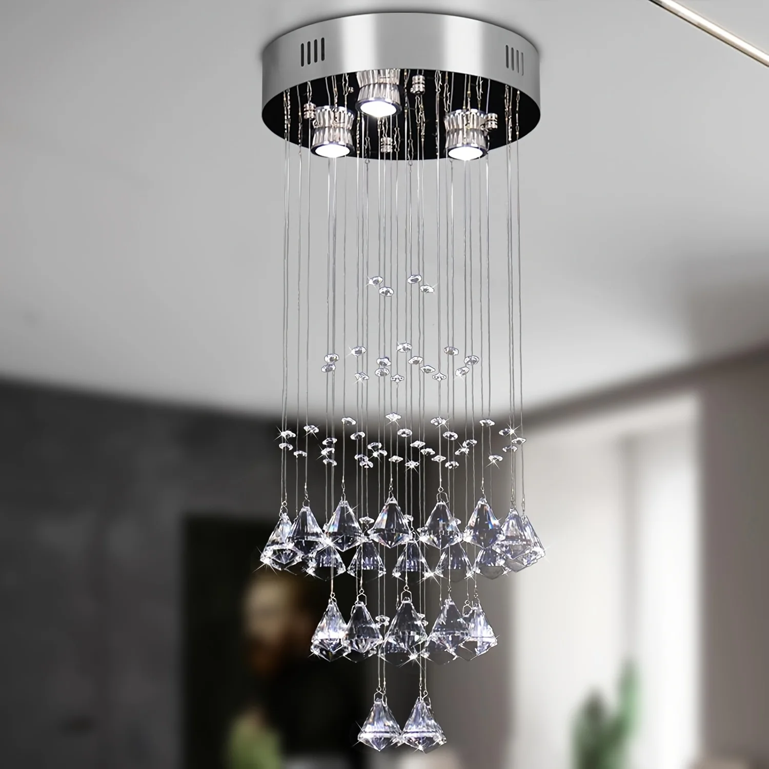 

High pendant light, crystal pendant light, raindrop lighting, 3 embedded ceiling fixtures, 3 GU10 bulb pendant light, suitable f