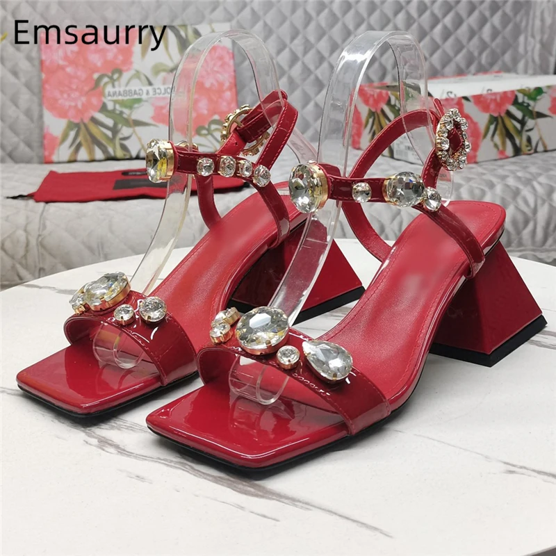 Diamond Crystal Decor Ankle Strap Sandals Women Unique Building Block Heel Multicolor Modern Summer Shoes