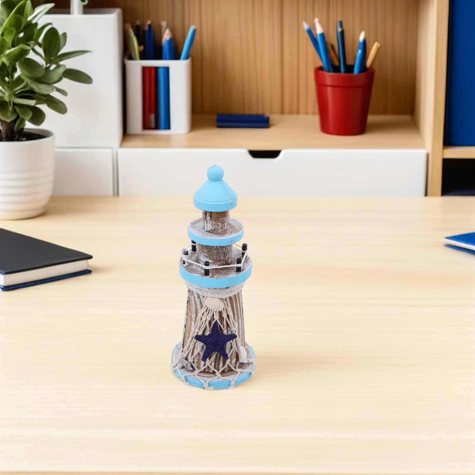 

7.5" Mediterranean Lighthouse Vintage Wooden Mini Ornament For Nautical Home Decor Tabletop Sculpture Ocean Theme Decoration