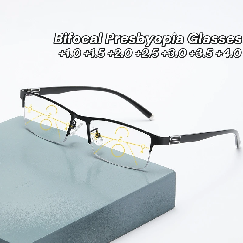 

Men Bifocal Reading Glasses Business Half Frame Presbyopia Eyeglasses Distance Dual Use High-definition Anti Blue Light Eyewear