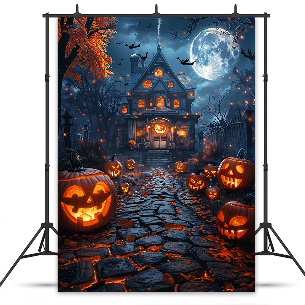 Halloween Night Background Photography Horror Haunted House Pumpkin Lantern Black Stone Road Backdrop Kids Holiday Party Studio