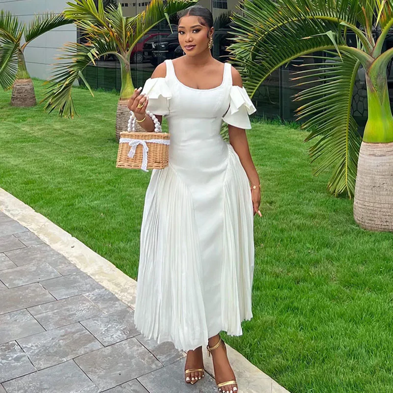 Elegancka Biała Sukienka Maxi w Stylu Patchwork z Marszczeniami, Rozkloszowana, Damska Sukienka na Bal, Imprezę Klubową, Krótkie Falbanki na Rękawach, Perły i Diamenty, Długa Sukienka Vestido