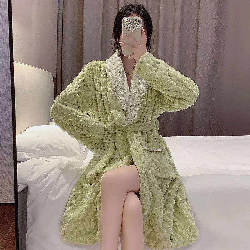 2024 Winter Long Sleeve Thick Warm Flannel Kimono Robes for Women Cute Lace Bathrobe Sleepwear Bath Robe Nightdress Night Dress