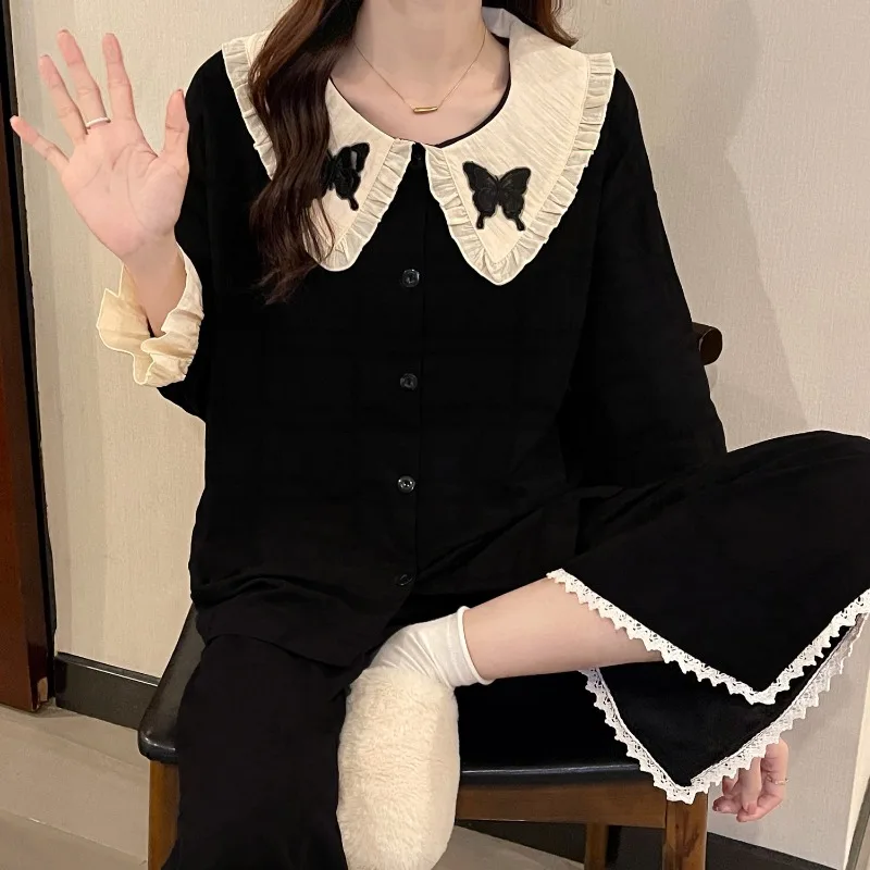 Casual Spring Autumn Summer Black Home Dress Pants Set Can Worn Outside Sleepwear Simple Butterfly Long Sleeve Pajamas Women