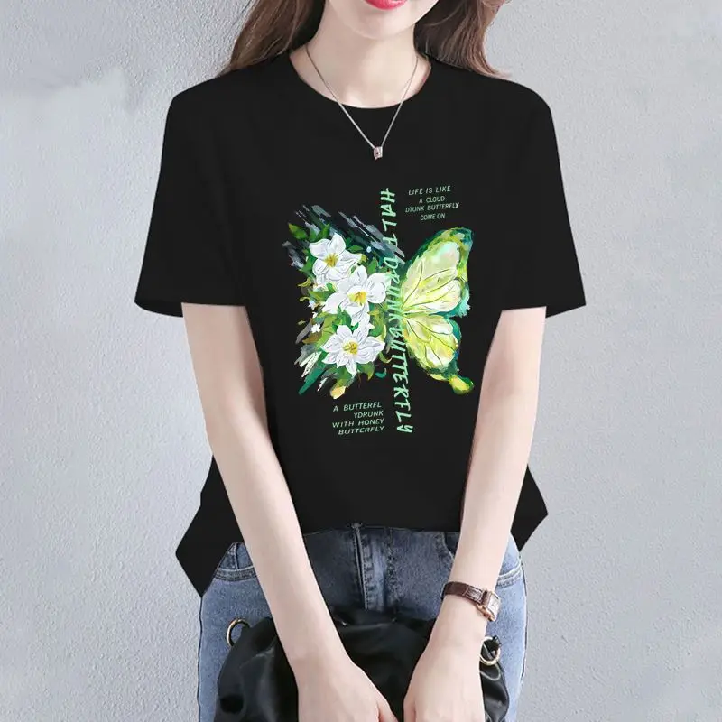 New Summer Women's Solid Colors O-Neck Short Sleeve Loose Thin Butterfly Printed Pullovers Trendy Comfortable All-match Tops