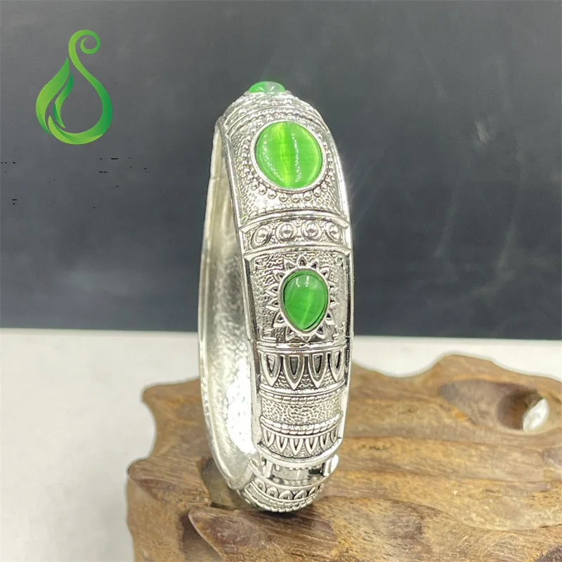 Silver Bracelet Miao Silver Ancient Open Bracelet Fast Hand Ranking Welfare Inlaid with Cat's Eye