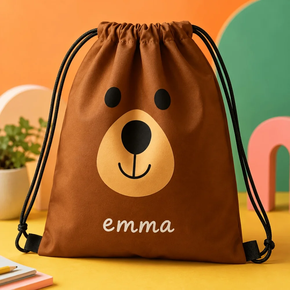 1Pc Custom Name/Text Cute Bear Pattern Drawstring Backpack, Lightweight Sports Bag, Gym Storage Bag, Outdoor Travel Rucksack