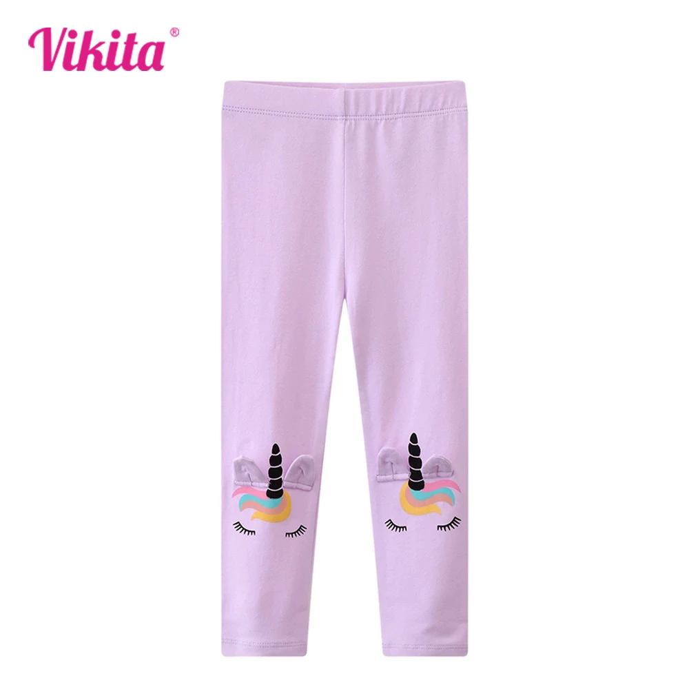 

VIKITA 2025 New Kids Clothes Gift Girls Purple Cotton Casual Daily Pencil Pants Girl Licorne Cartoon Appliqued Leggings Trousers