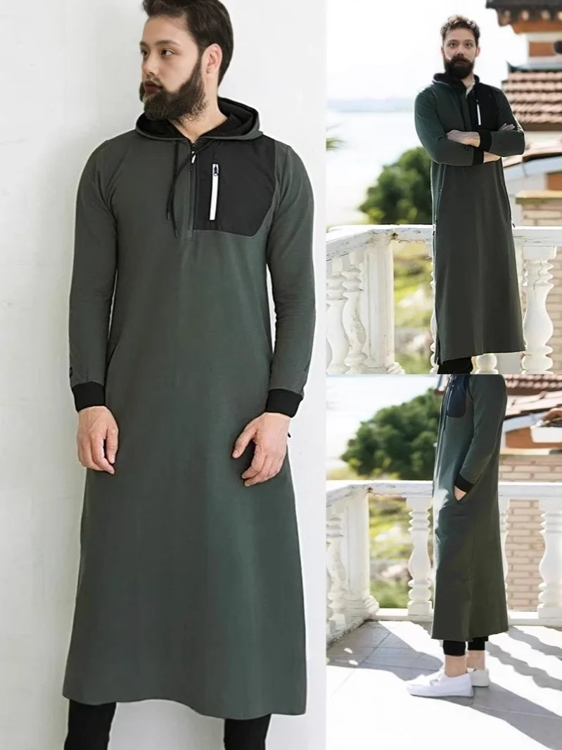 New Casual Hooded Solid Men Jubba Thobe Muslim Fashion Abaya Dubai Long Robe Modest Gown Loose Fashion 2025 Spring Splice Casual