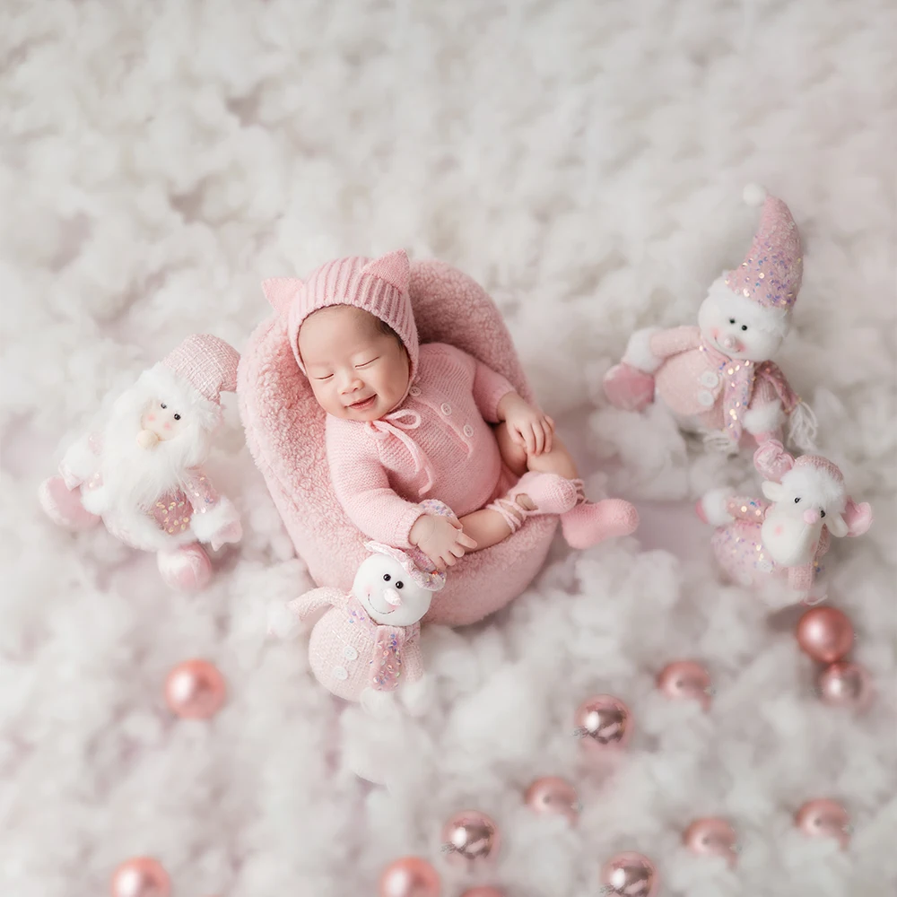 Newborn Photography Costume Knitted Jumpsuit+Hat+Shoes Set Snowman Elk Xmas Dolls Handwoven Thick Wool Blanket Photo Shoot Props