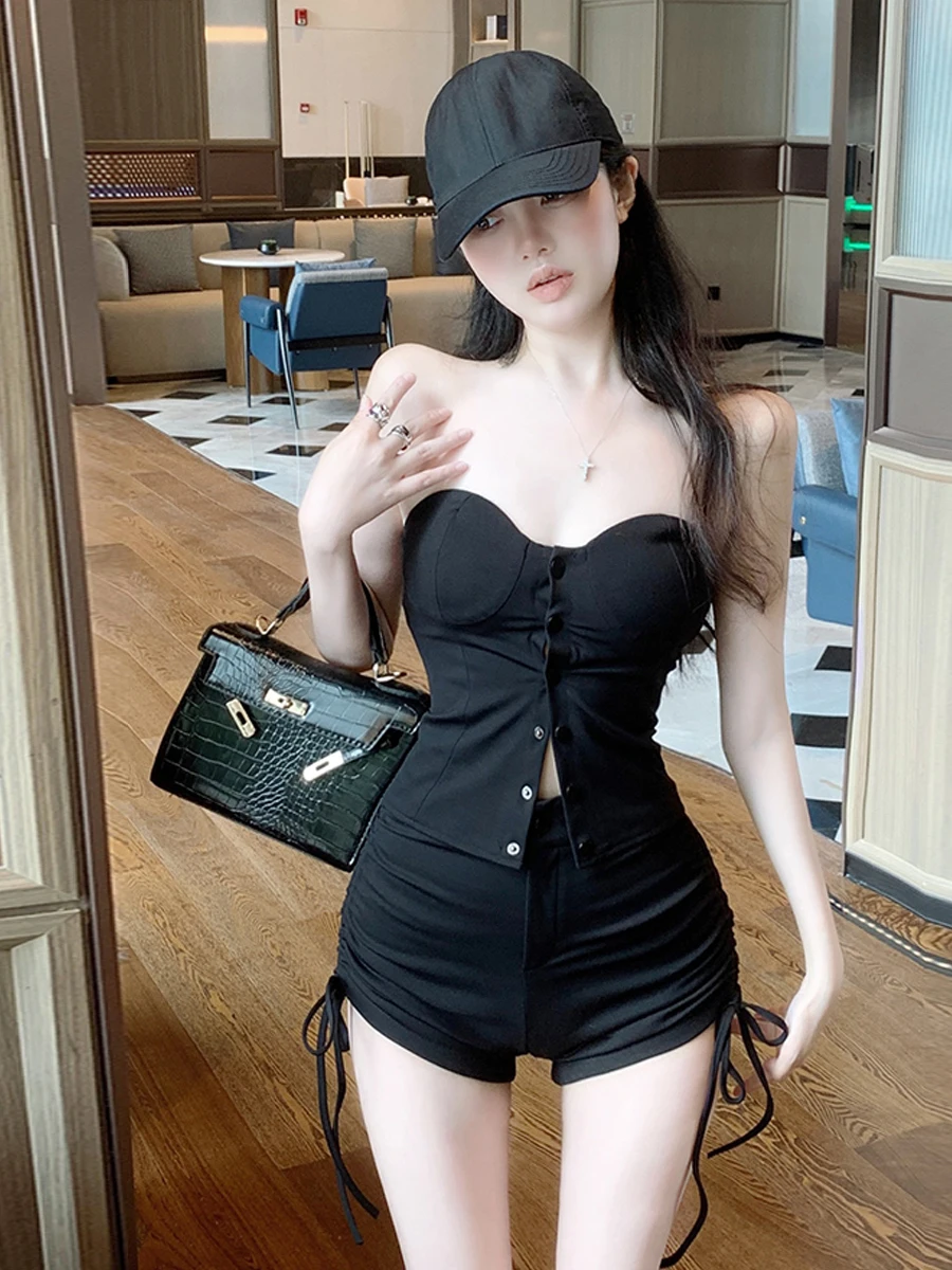 

Sexy Spicy Girl Personality Slimming High Waist Drawstring Wrap Body Short Pants Set Casual Style One-Shoulder Top Bottoms