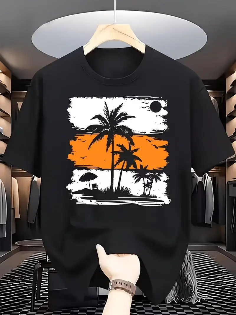 Vintage Sunset Coconut Grove T-Shirt Tropical Beach Print Casual Short Sleeve Summer Vacation Lovers Gift Idea For Beach Travel
