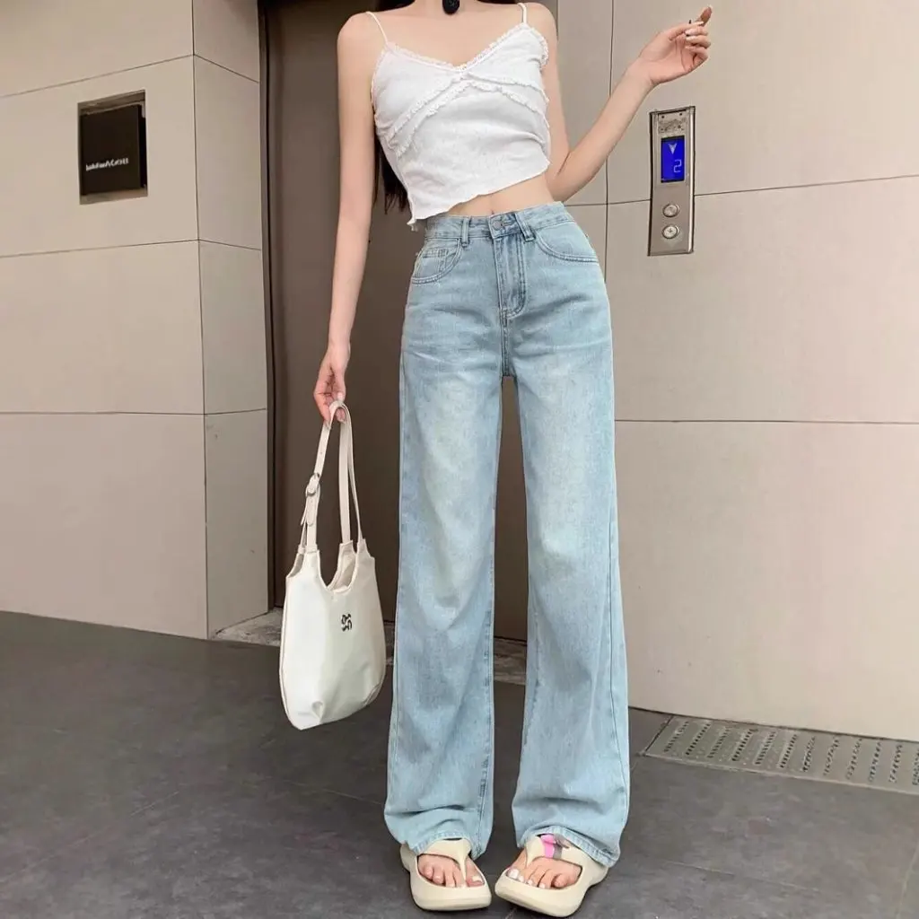 

Women's Bow Embroidered High-Waisted Straight Jeans Loose Slimming Casual Wide-Leg Floor Mopping Pants Autumn Winter New