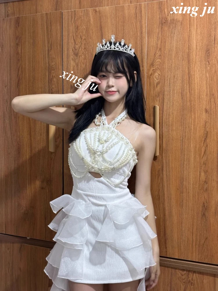 Kpop Korean Singer Concert White Pearl Halter Vest Dress Jazz Dance Performance Costumes Nightclub DJ Women Hip Hop Stage Outfit