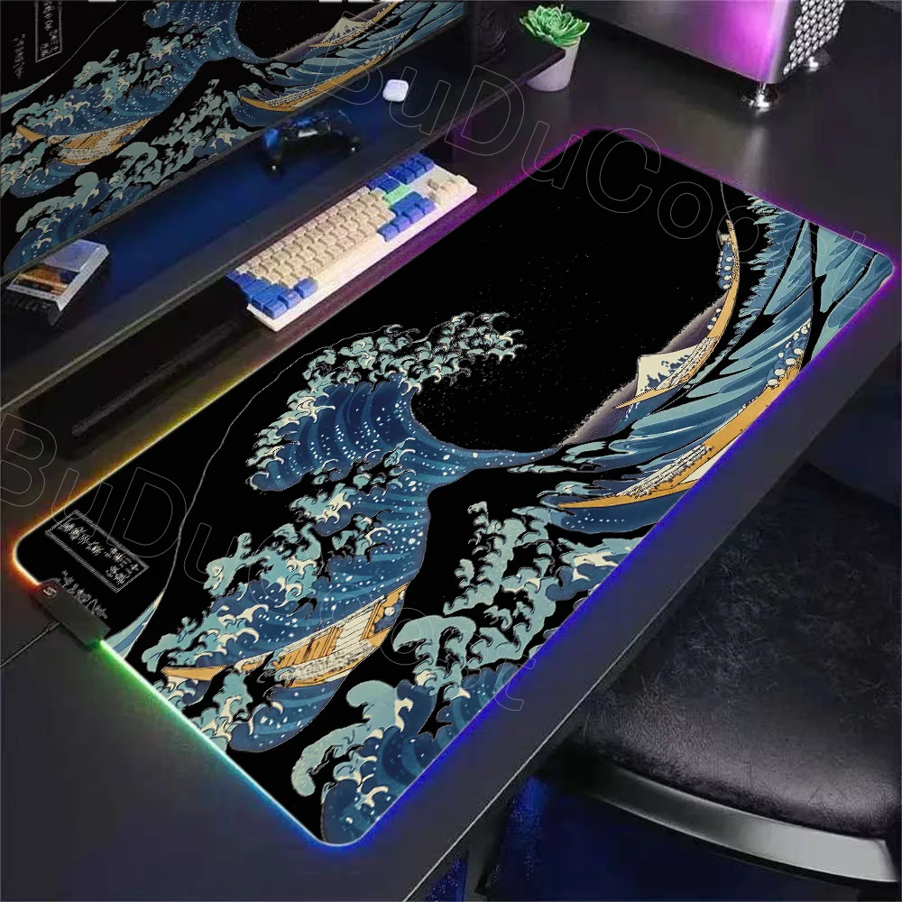 

Коврик для мыши RGB Gamer Black Great Wave Art Коврик для мыши XXL Механический коврик для клавиатуры Противоскользящий ковер Коврики для мыши из натурального каучука 900x400