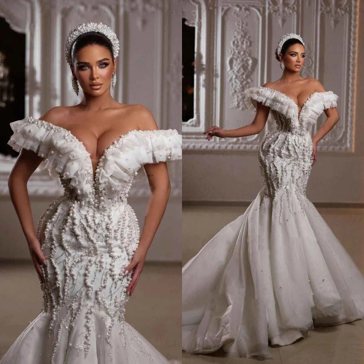 

Big Pearls Mermaid Gown Wedding Dresses V-Neck Appliques Beading Lace Sweep Train Bridal Gowns Big Size Custom Size Colour