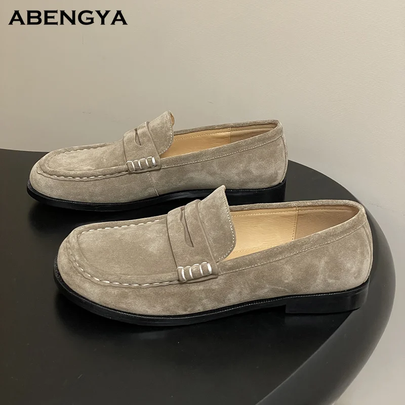 

Autumn New Suede Flat Loafers Shoes Women Round Toe Leather Dress Shoes Designer Casual Party Vacation Walking Shoes For Women
