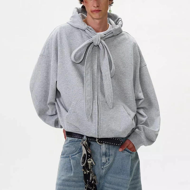 Y2K Style Mens Hoodies Vintage Lace-up Design Zipper Hooded Jackets Men Streetwear 2025 Spring Autumn Casual Solid Color Hoodie