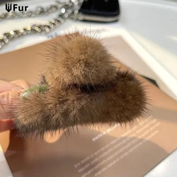 Luxury Real Mink Fur Fashion Hairpin Claw Clips Women Plush Pom Pom Hair Crabs Fur Hair Grips Headwear Hair Accessories Girls