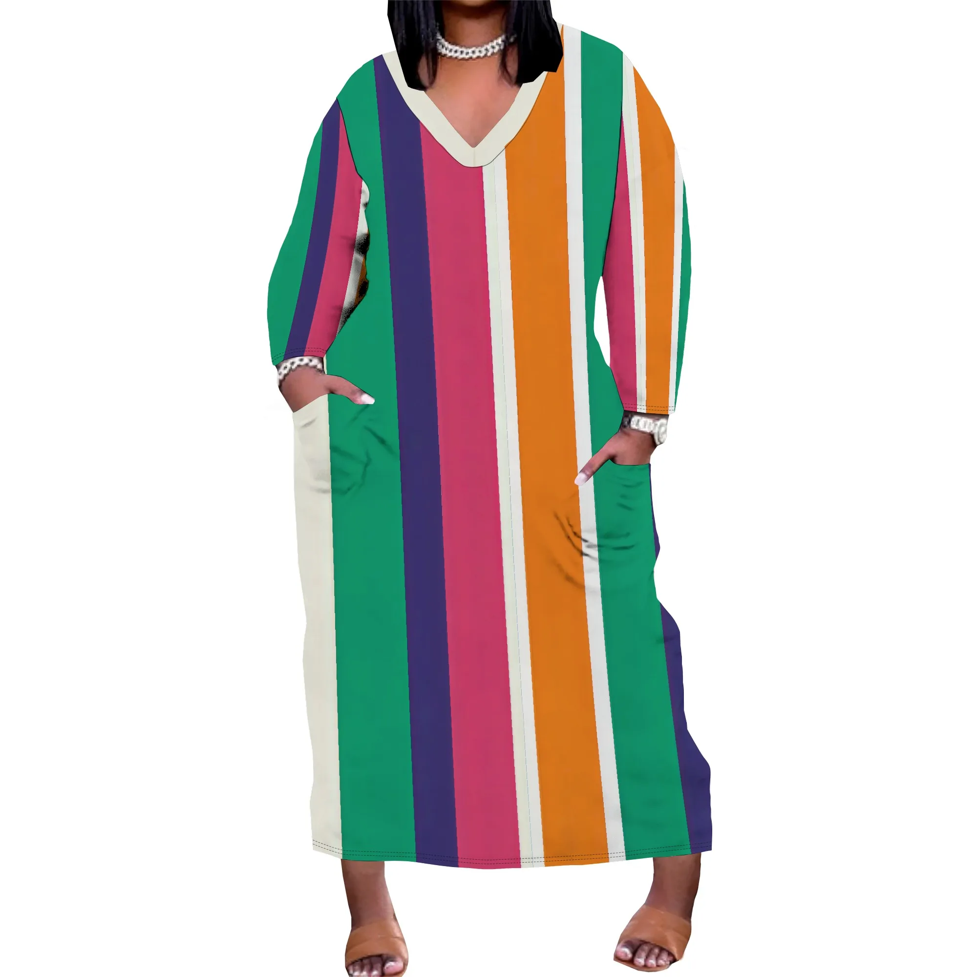 Abiti maxi taglie forti da donna a maniche lunghe con scollo a V, vestibilità ampia e casual, con tasche, abiti di tendenza autunnali