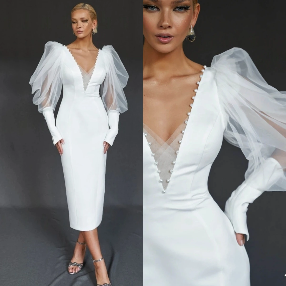 Abito da sposa di lusso con scollo a V alla moda semplice senza maniche in raso bianco personalizzato Abiti da sposa con temperamento per festa nuziale di alta qualità