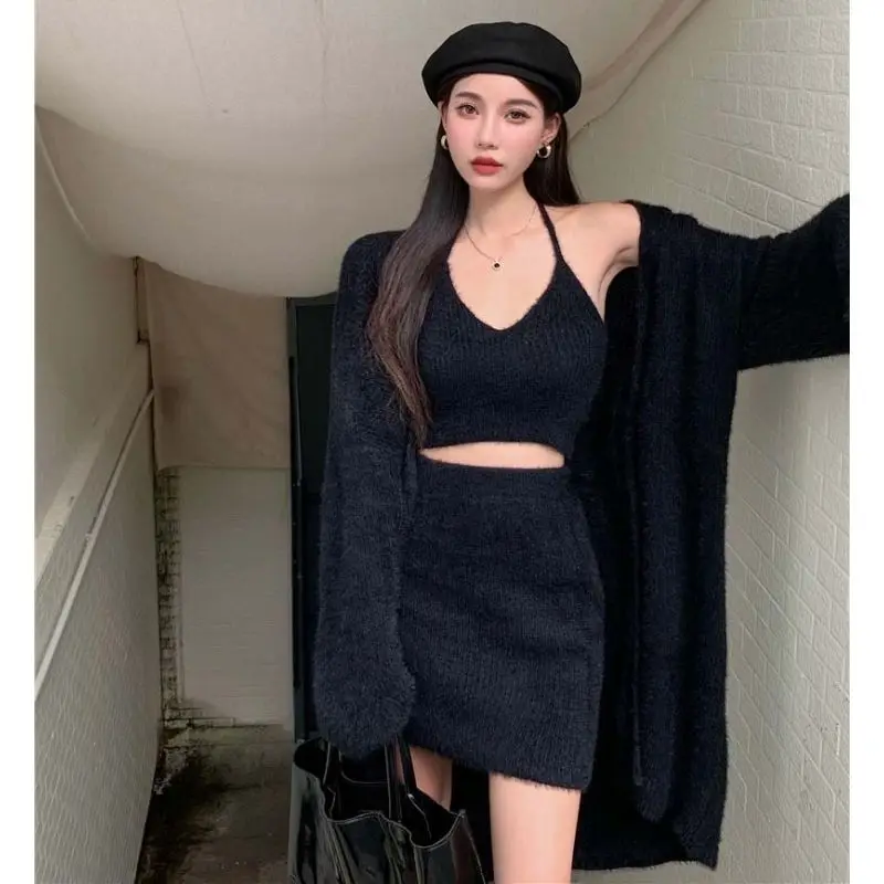 

Sweet Hot Girl Pure Sexy Suit Women's Autumn Halter Camisole Short Skirt Knitted Cardigan Three-piece Set Fashion Female Clothes