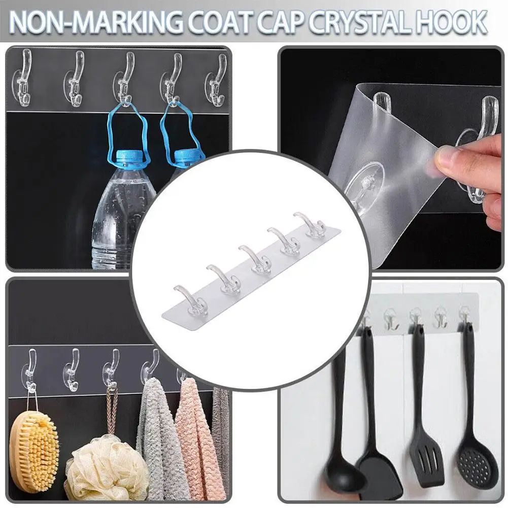 Transparent 5 HooksPlastic Coat Hooks Kitchen Bathroom Free Hook Rack Hooks Rows Towel Bathroom Punch Accessories Wall Six H8E2