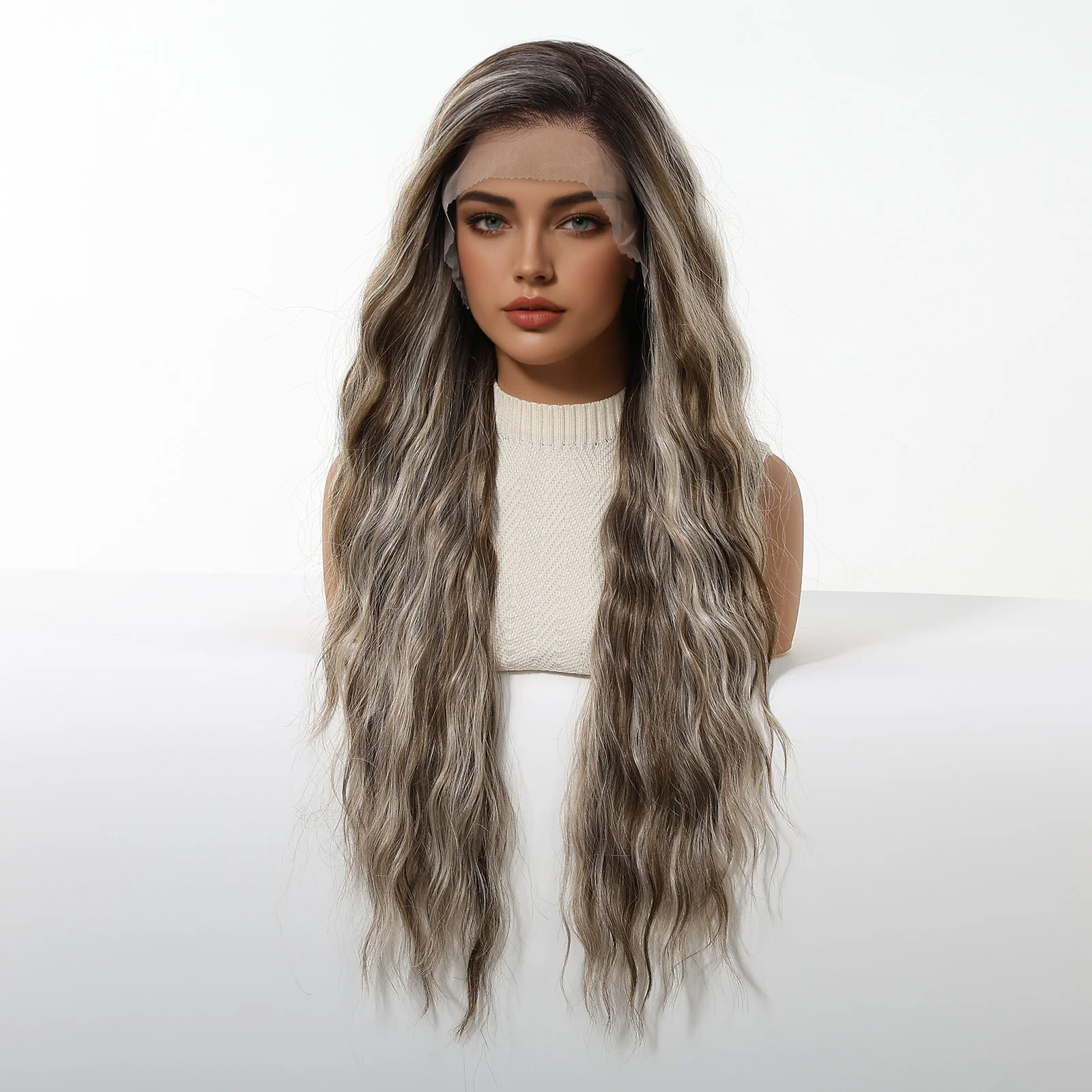 HENRY MARGU 13x6 Synthetic Lace Front Wig Brown Highlight Wig Long Loose Wavy Hair for Women Daily Wear High Temperature Fiber