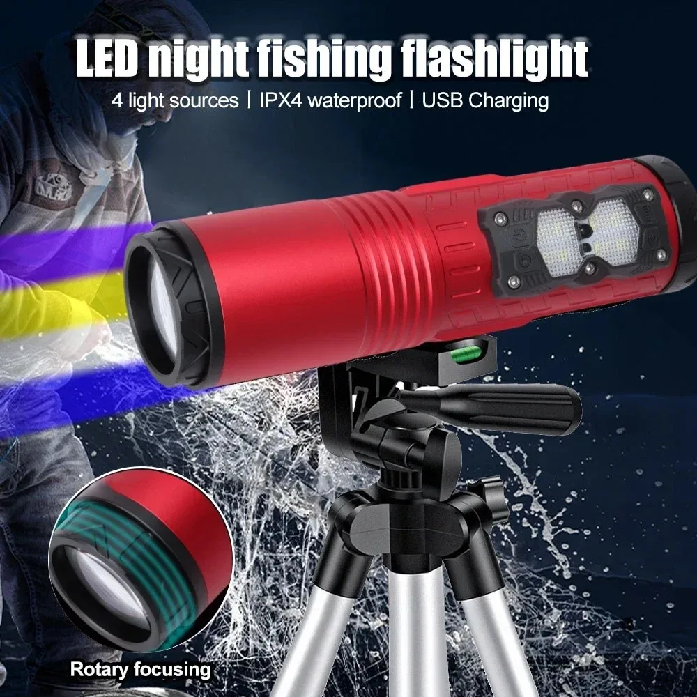 Super Bright LED Fishing Flashlight Type-C Rechargeable Zoomable Camping Lantern Waterproof Night Fishing Torch With Bracket