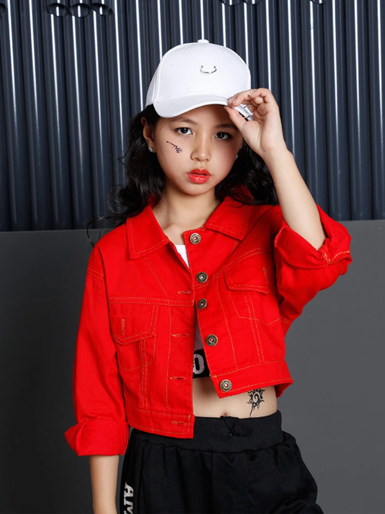 Children Hip Hop Dance Costume Red Jazz Dance Suit Long Sleeve Street Dance Practice Dancing Clothes Modern Stage Performance