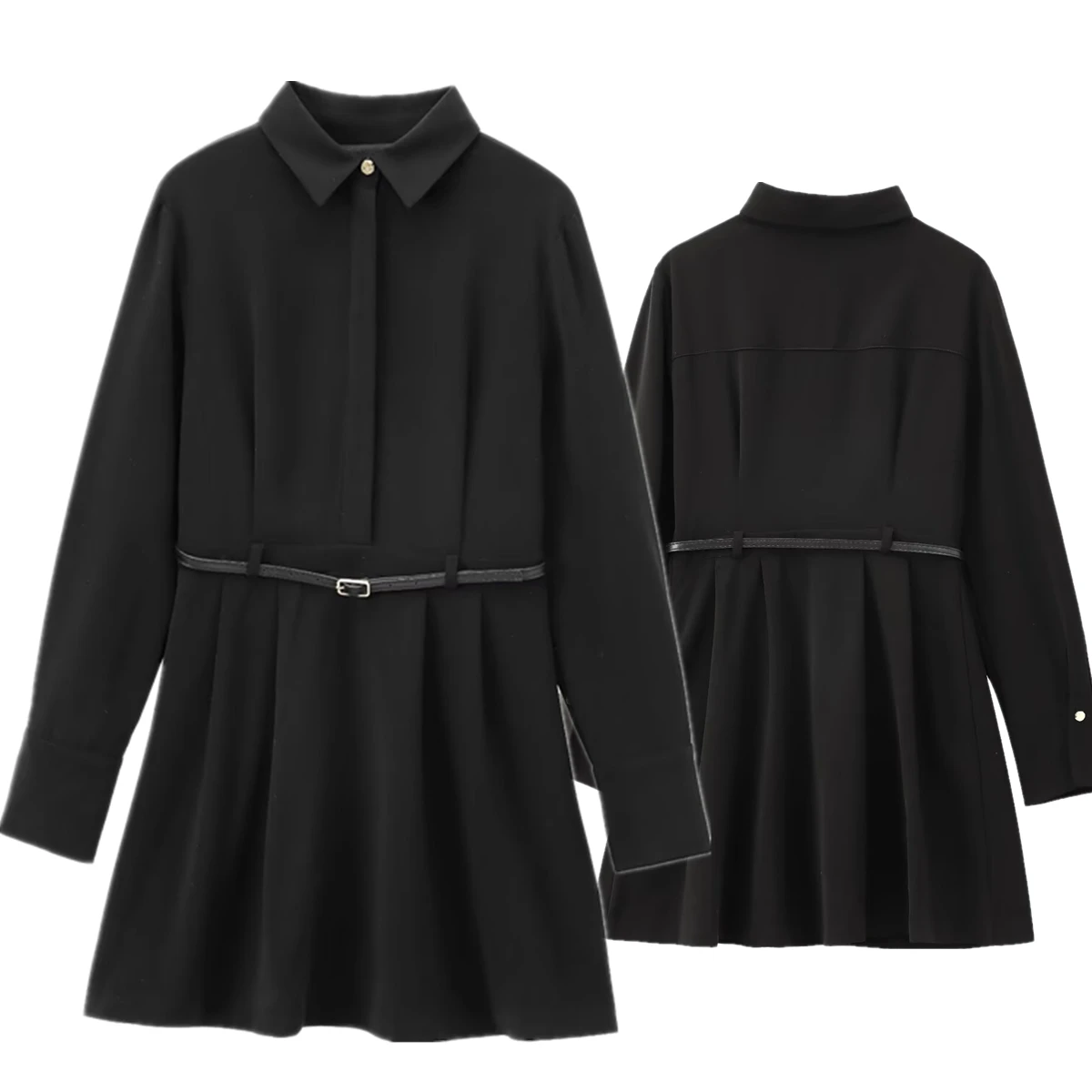 

Maxdutti French Style Fashionable Black Pleated Dress With Belt Minimalist And Elegant Long Sleeved Mini Dress Women