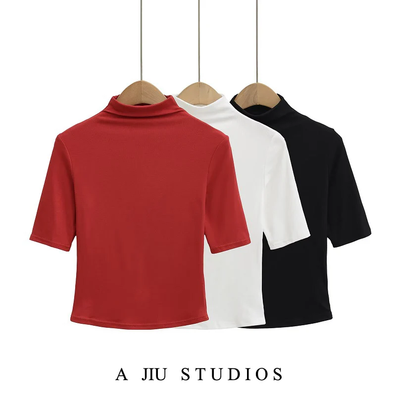 

Футболка Slim Fit Street Sle, женская футболка с высоким воротником, длина однотонного цвета, летняя база, универсальное боди...