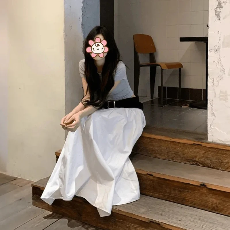Summer Casual Long Skirt Women Loose White Hottie Belt High Waist Skirts Female Korean Sweet Preppy All Match Elegant Chic Skirt