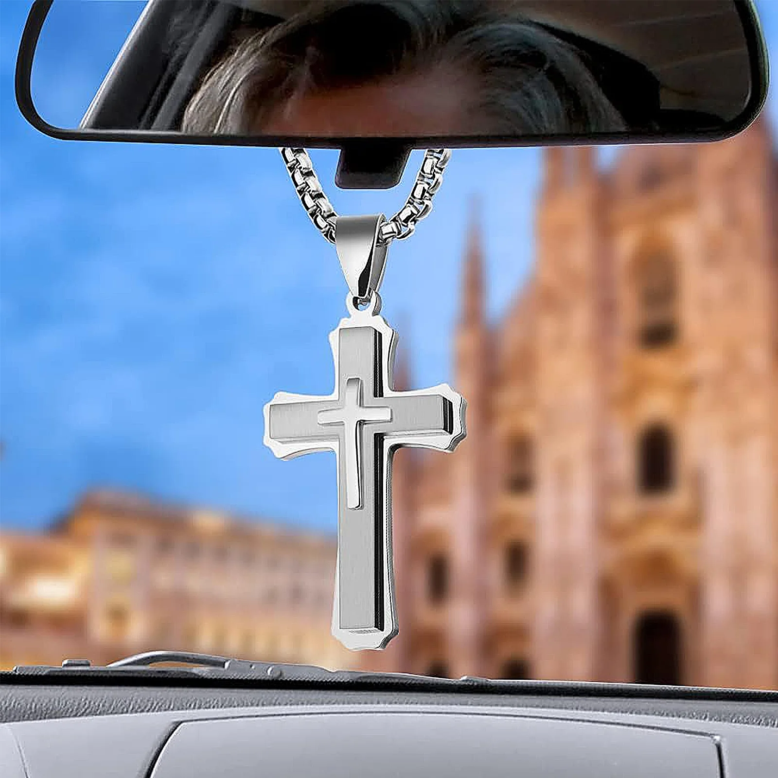 

Metal Cross Pendant Car Hanging Decoration Silver Durable Anti Rust Rearview Mirror Accessories Car Interior Supplies