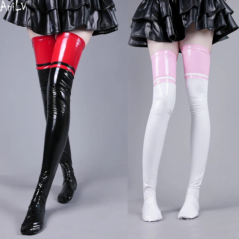 AniLV Women Leather Glossy Over Knee Stockings Anime Cute Cat Paw High Thighs Hold-ups Socks Cosplay