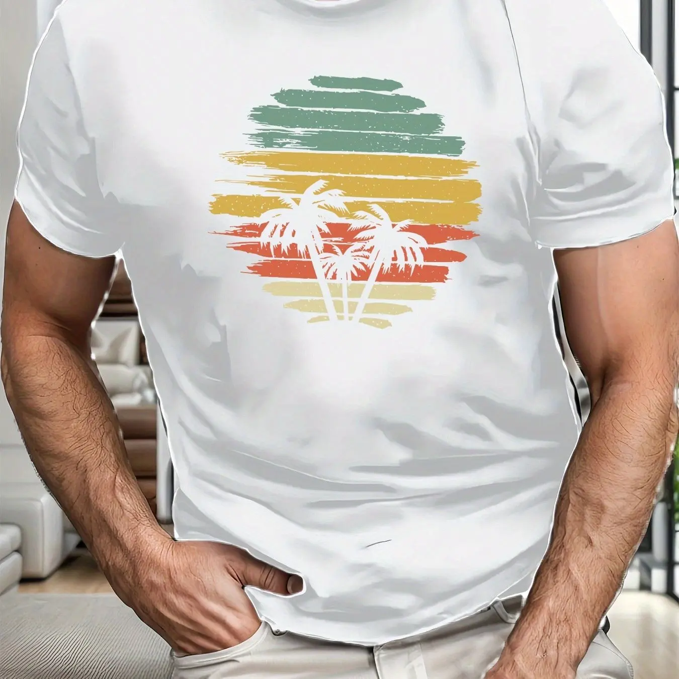 الرجال عارضة قصيرة الأكمام تي شيرت الحد الأدنى شجرة جوز الهند الرسم كتلة المشارب تنفس الصيف جولة الرقبة المحملة الرجال الملابس #2