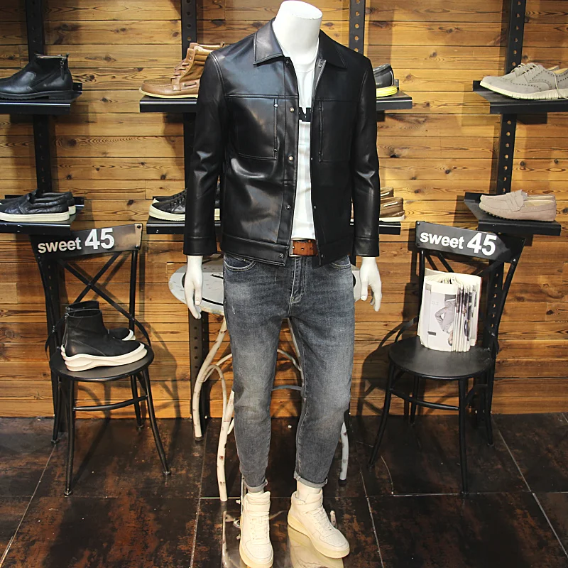 

Slim Fit Casual Men's Leather Jaet Autumn Wear Youth Faion Motorcycle PU Leather Coat Simple Design Single Button Closure